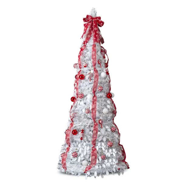 7 FT Fully Decorated Pre-lit Christmas Tree, Pop Up Artificial Xmas Tree With 170 Warm Lights And Red Ornaments For Home Office Store Holiday Deco, White
