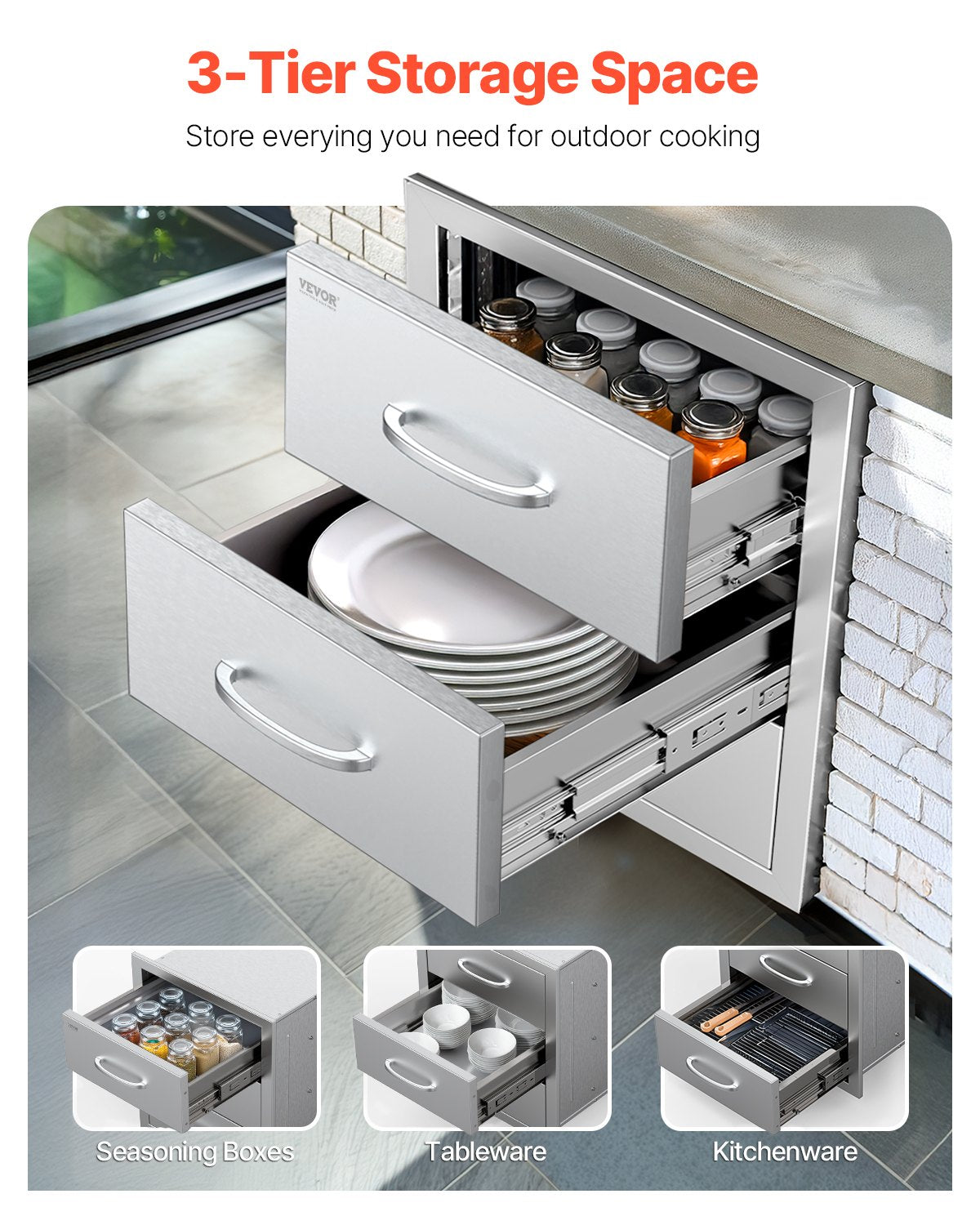 Outdoor Kitchen Drawers Triple BBQ Access Drawers Island 18.5x22.5x22.5 In