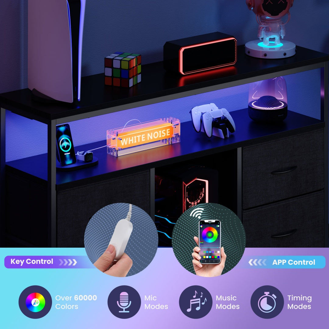 Soporte para TV, 4 Cajones, Con Luces LED y Enchufes Eléctricos, Mueble para Sala de Estar para TV de 50 Pulgadas, Con Estantes Abiertos y Patas Ajustables
