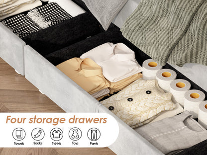 Upholstered Platform Storage Bed Frame With 4 Drawers And LED Light,No Box Spring Needed