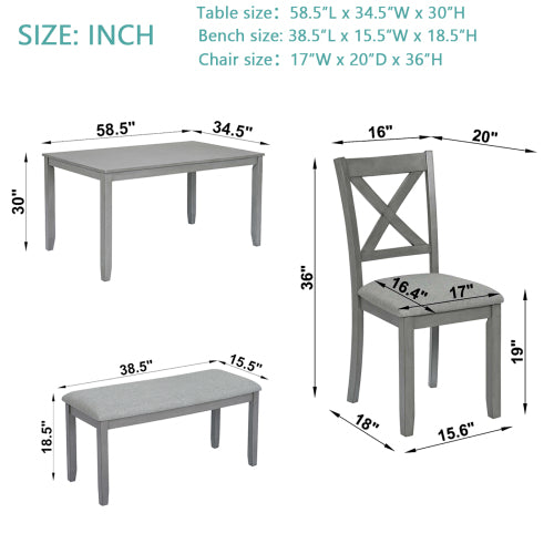 6-teiliges Küchen-Esszimmer-Set, rechteckiger Holztisch mit 4 gepolsterten Stühlen und einer Bank, Esstisch-Set für 6 Personen, Wohnzimmer, Hausbar und Küche, Grau
