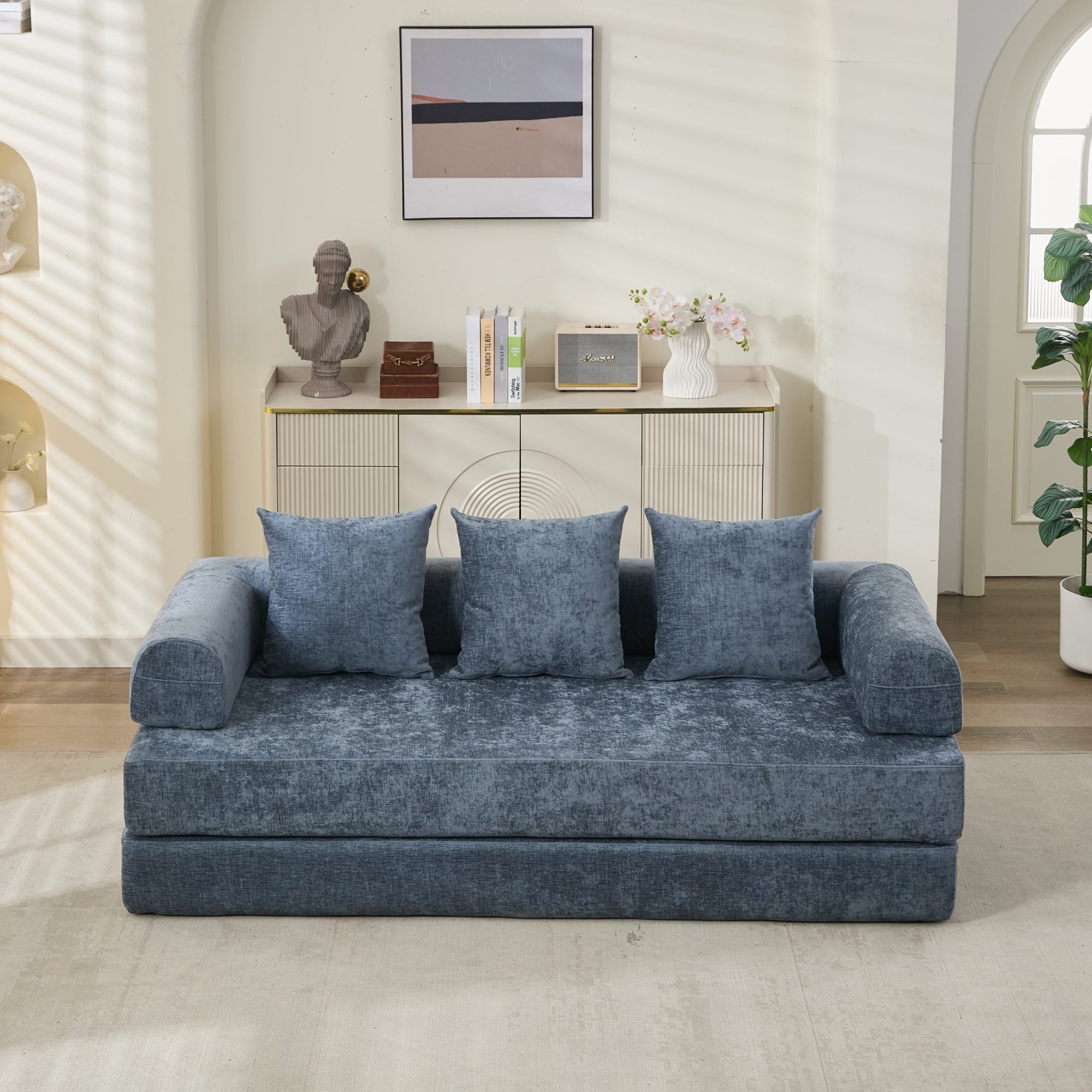 Cómodo Sofá Cama Plegable Convertible, Sofá Cama de Suelo, Sofá de Suelo de Chenille con Reposabrazos, Sofá Lounge de Suelo para Sala de Estar, Dormitorio, Sala de Estar o Estudio-Azul