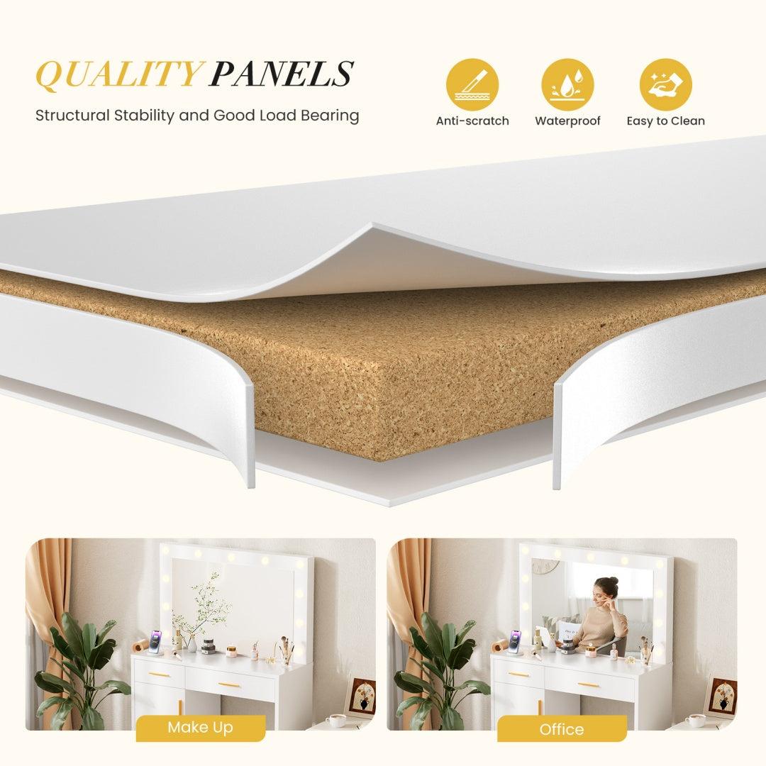 Mirror And Lights, Makeup Vanity Table With Charging Station , 2 Drawers & Large Cabinet, 3 Lighting Color Adjustable, Dressing Table