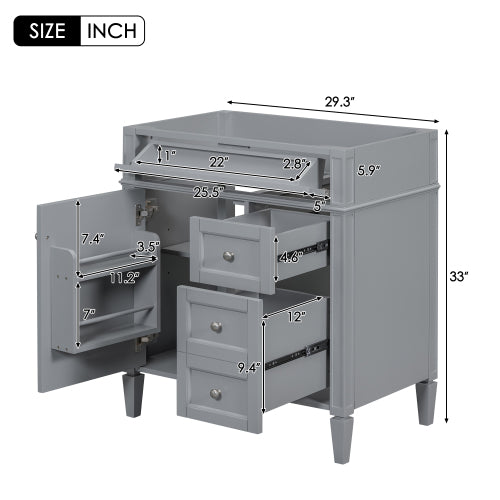 30'' Badezimmer-Waschständer ohne Waschbecken, moderner Badezimmer-Speicherschrank mit 2 Schubladen und einer Klapp-Schublade