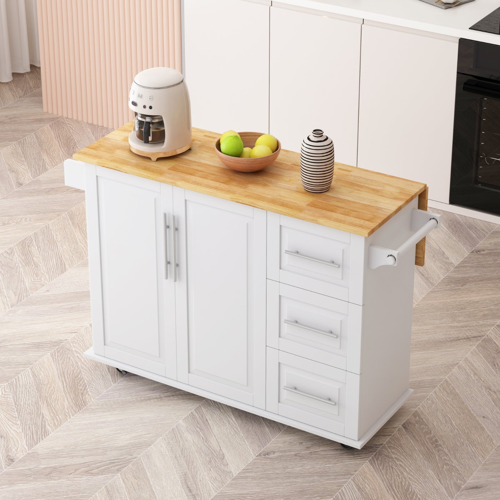 Carrito de Isla de Cocina con Gabinete, 3 Cajones, Estante para Especias, Estante para Toallas, 43.31 de Ancho