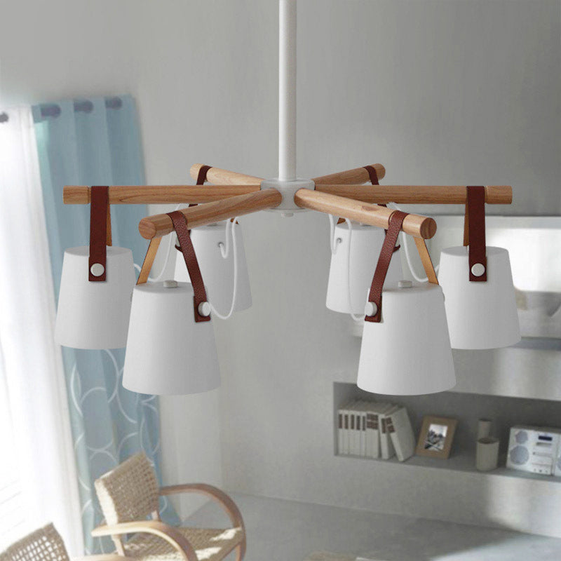 Lámpara de araña de metal blanco: Lámpara colgante tipo barril para salón con correa de cuero - 6 luces