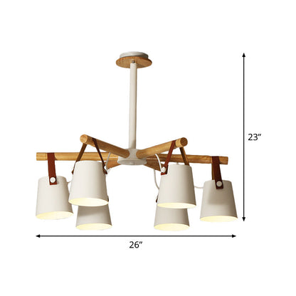 Lámpara de araña de metal blanco: Lámpara colgante tipo barril para salón con correa de cuero - 6 luces