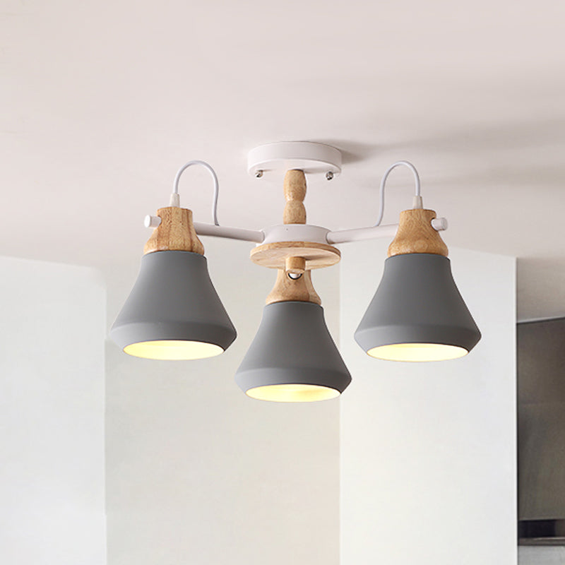 Lámpara de techo empotrada moderna de metal con 3 cabezales en forma de cono para comedor - Elegante lámpara semiempotrada radial en blanco/gris