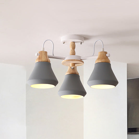 Lámpara de techo empotrada moderna de metal con 3 cabezales en forma de cono para comedor - Elegante lámpara semiempotrada radial en blanco/gris