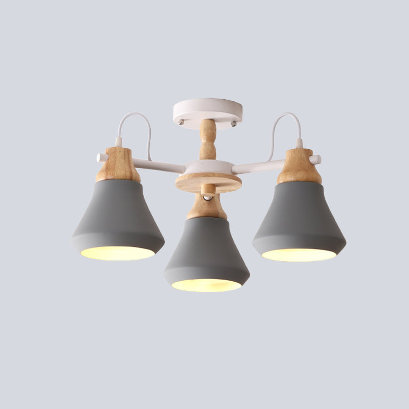 Lámpara de techo empotrada moderna de metal con 3 cabezales en forma de cono para comedor - Elegante lámpara semiempotrada radial en blanco/gris