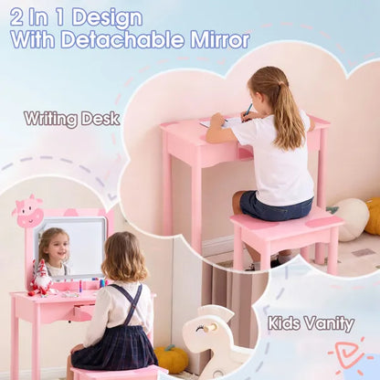 Pink MDF + Solid Wood Legs, Spray Paint + Silkscreen Printing, Cow Pattern, 1-drawer Children's Dressing Table Set, LED Three-color Backlit Touch Switch