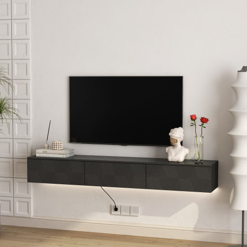 Schwebender TV-Ständer Wandmontiert mit 16-farbigen LEDs, Modernes TV-Ständer, Schwebender TV-Schrank Entertainment-Center für 55 60 65 Zoll TV, Schwarz