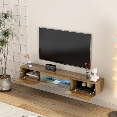 Floating TV Stand, Wall Mounted TV Shelf With LED Lights & Power Outlet,Wall Mounted Floating TV Stand With 16 Color LEDs-brown