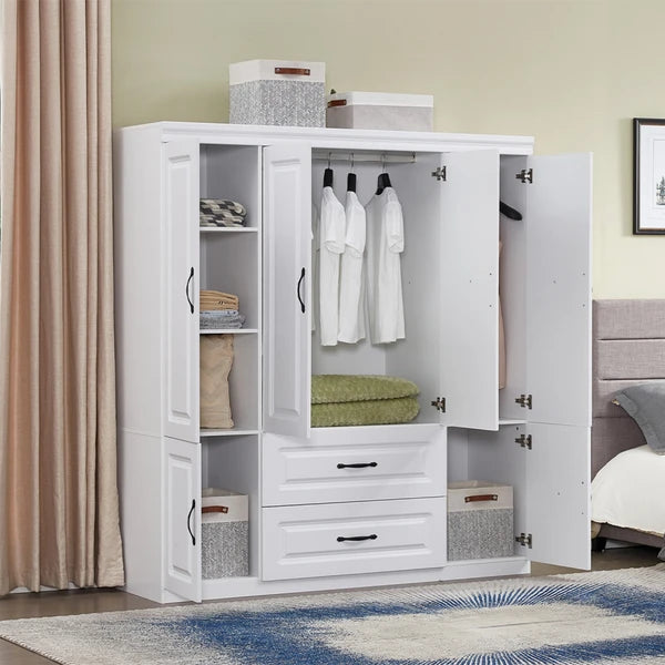 Armario de 74" H con 2 Puertas, Armario de Madera, Armarios de Ropa, Gabinete Armario, Armario Gabinete Blanco, Gabinete de Almacenamiento, Armarios para Dormitorio con Barra de Colgar, 2 Cajones -- 2 Paquetes