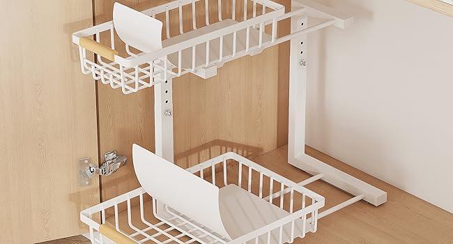 Organizador de Almacenamiento Bajo el Fregadero de Dos Niveles con Altura Ajustable en Metal para Cocina y Baño