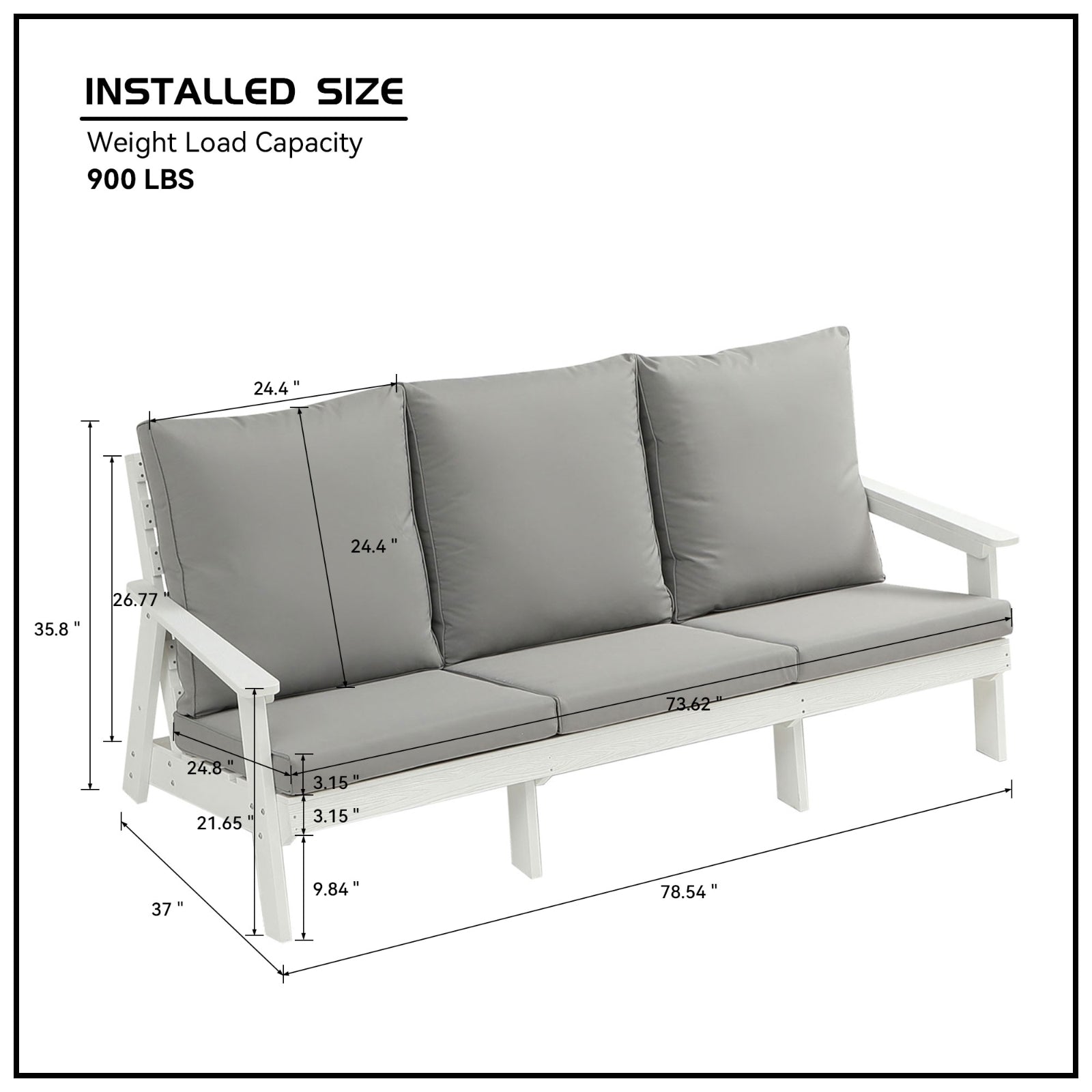 HIPS 3-Sitzer-Sofa mit Kissen, Holzoptik-Außen-Garten-Sofa, Weiß-Grau