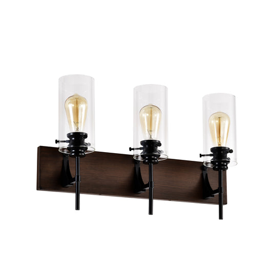 3-Light Matte Black Wood Color Bathroom Light Fixtures, Modern Vanity Lights With Glass Shade, Vintage Light Fixture Bathroom Over Mirror Wall Lights For Kitchen Dinning Room Bedroom Hallway