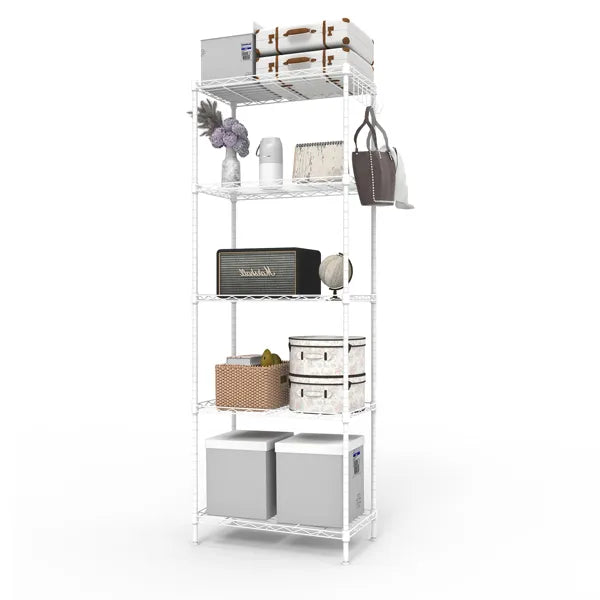 5-layer Display Rack With Adjustable Layer Spacing, Plug-in Deformable Structure, Adjustable Feet, Made Of Iron, 54*29*150cm, Powder-coated Matte White