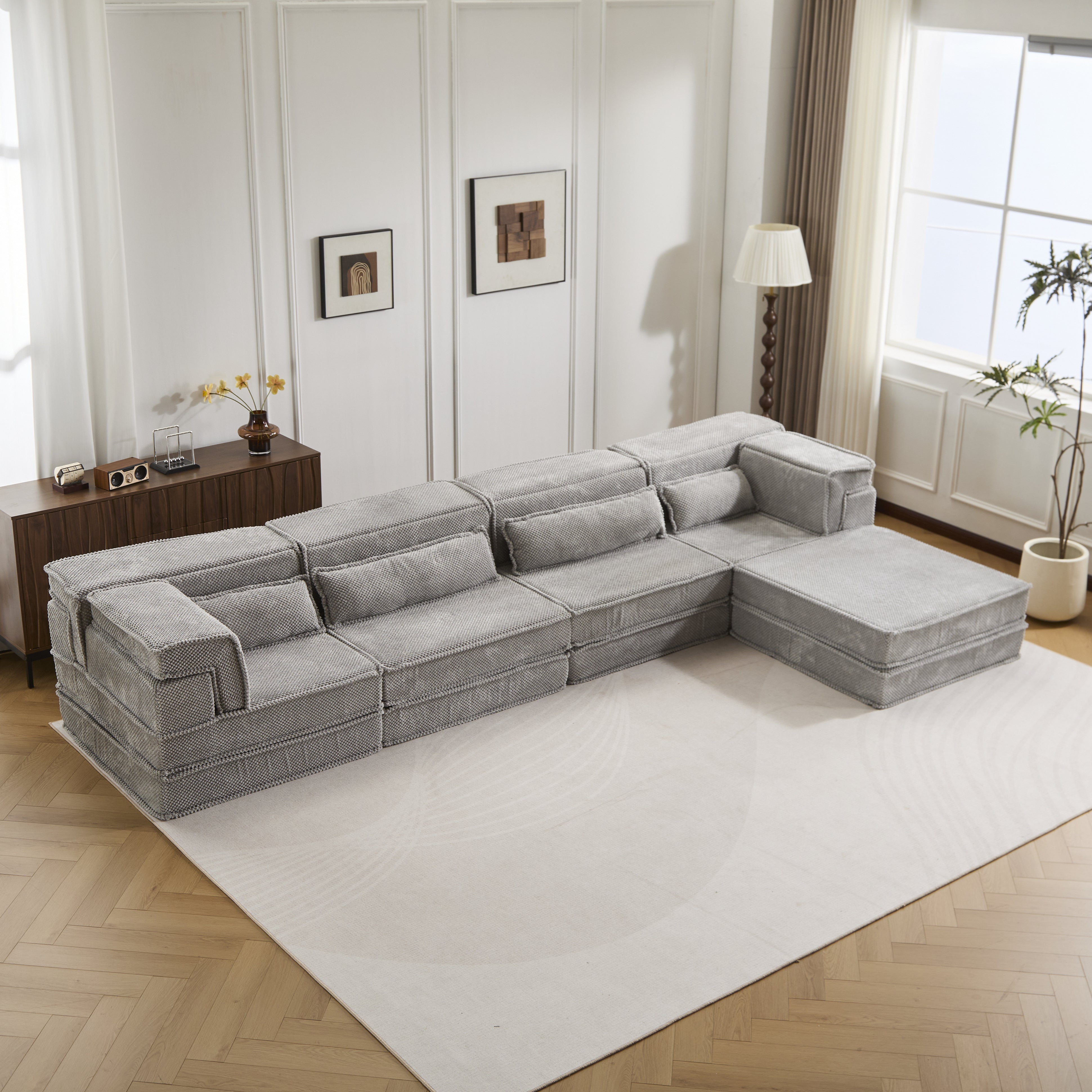Sofá Mahjong de Compresión, Sofá Cama Convertible para el Suelo, Sofá Seccional Modular sin Huesos DIY, Sin Ensamblaje Requerido, Tejido de Lana de Cirlo, Para 4 Personas Sobredimensionado con 1 Otomana, Gris Claro