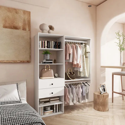 Livelylodge Modular Closet Organizer System: Modern White Open Wardrobe Closet For Bedroom Walk In Closet With 2 Drawers & 6 Shelves & 1 Hanging Rods Storage Closet 54.6"L*17.16"W*70.2"H