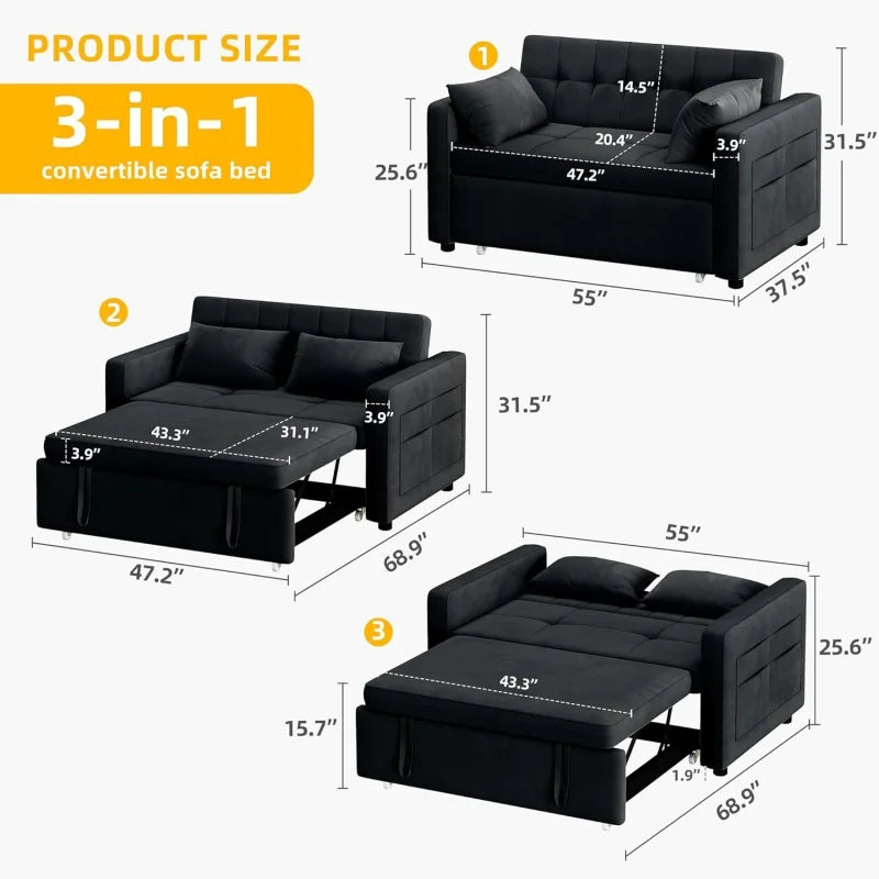 55" Velvet Convertible Sofa Bed