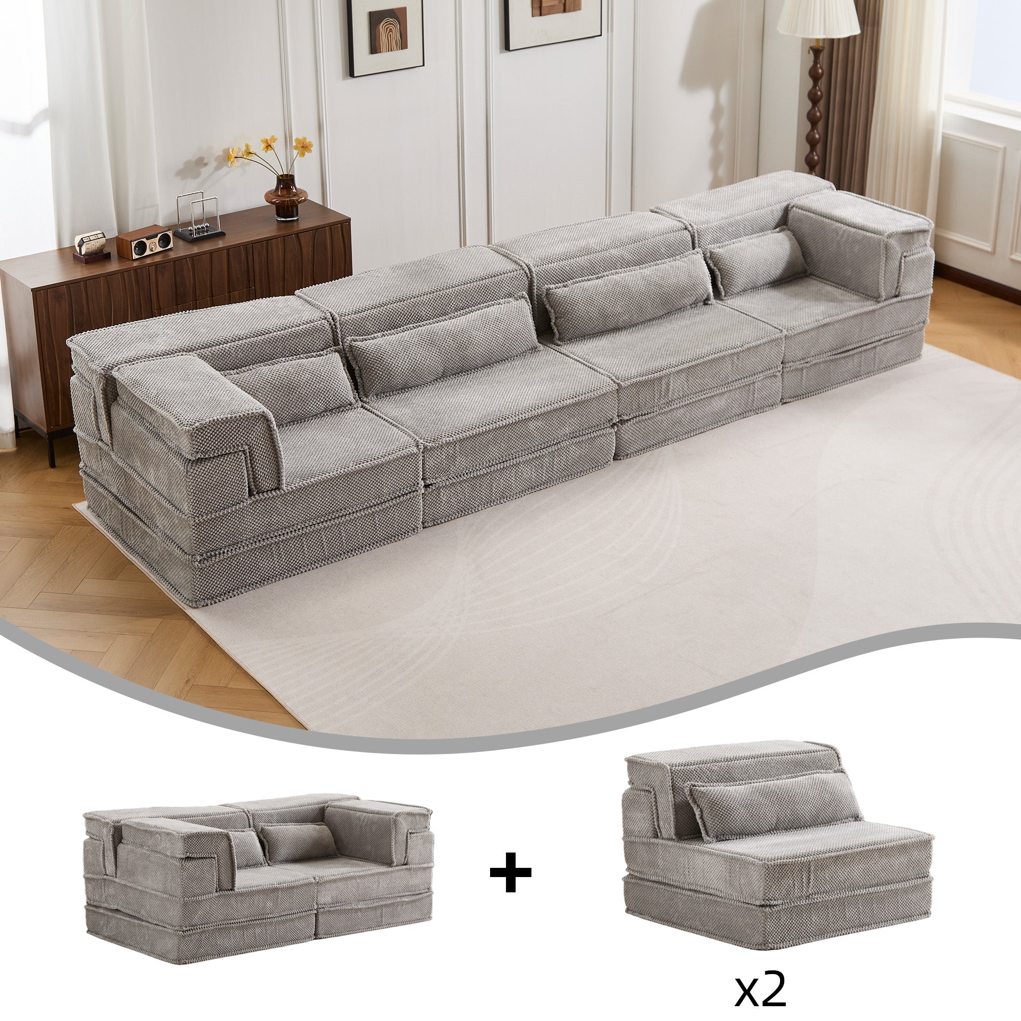 Light Grey Sectional Sofa Flexible Layout Fleece