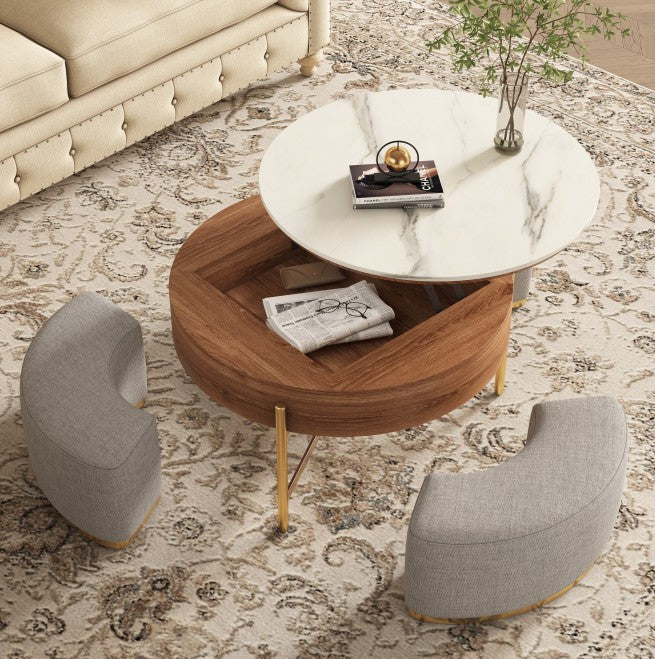 Mesa de Centro con Carga Superior Extensible de 3 Patas Apilable con Almacenamiento Incluye 3 Taburetes