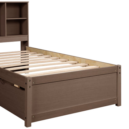Estructura de Cama Moderna de Tamaño Individual con Puerto USB Integrado en el Cabecero con Estantería y 2 Cajones para Color Nogal