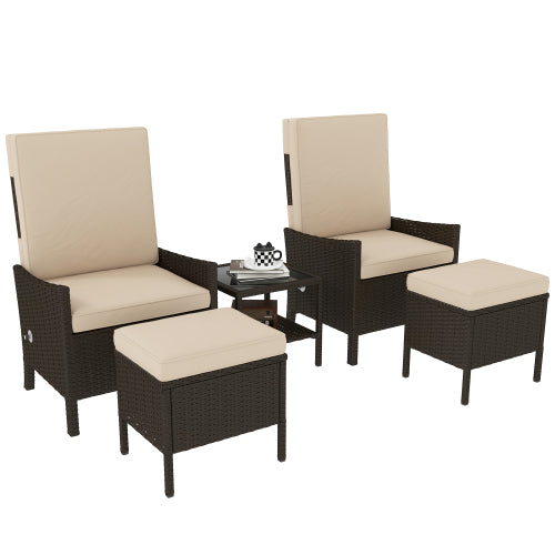 Outsunny 5-teiliges Rattan-Gartenmöbel-Set, Flechtpatio-Sofaset mit 2 Sesseln, 2 Fußschemeln, Couchtisch mit Glasplatte und Regal, Außenmöbel mit verstellbaren Rückenlehnen, Kissen, Khaki