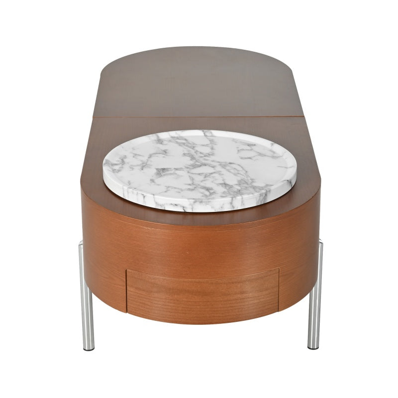 Mesa de café elevable de 47,2 pulgadas con bandeja giratoria de 360 grados con patrón de mármol, tablero ovalado elevable moderno, plataforma prohibida Temu