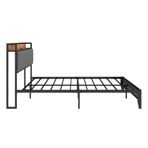 Estructura de Cama de Tamaño Completo con Estación de Carga, Cabecero Tapizado, Plataforma de Metal, Gris