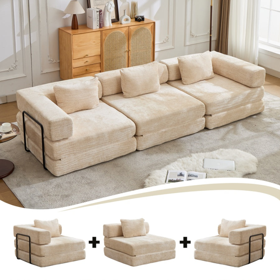 Sofá de Compresión, Sofá Cama Convertible para el Suelo con Marco de Forma Fija, Sofá Seccional Modular sin Huesos, Sin Ensamblaje Requerido, Tela de Chenille, para Sala de Estar y Dormitorio, Beige
