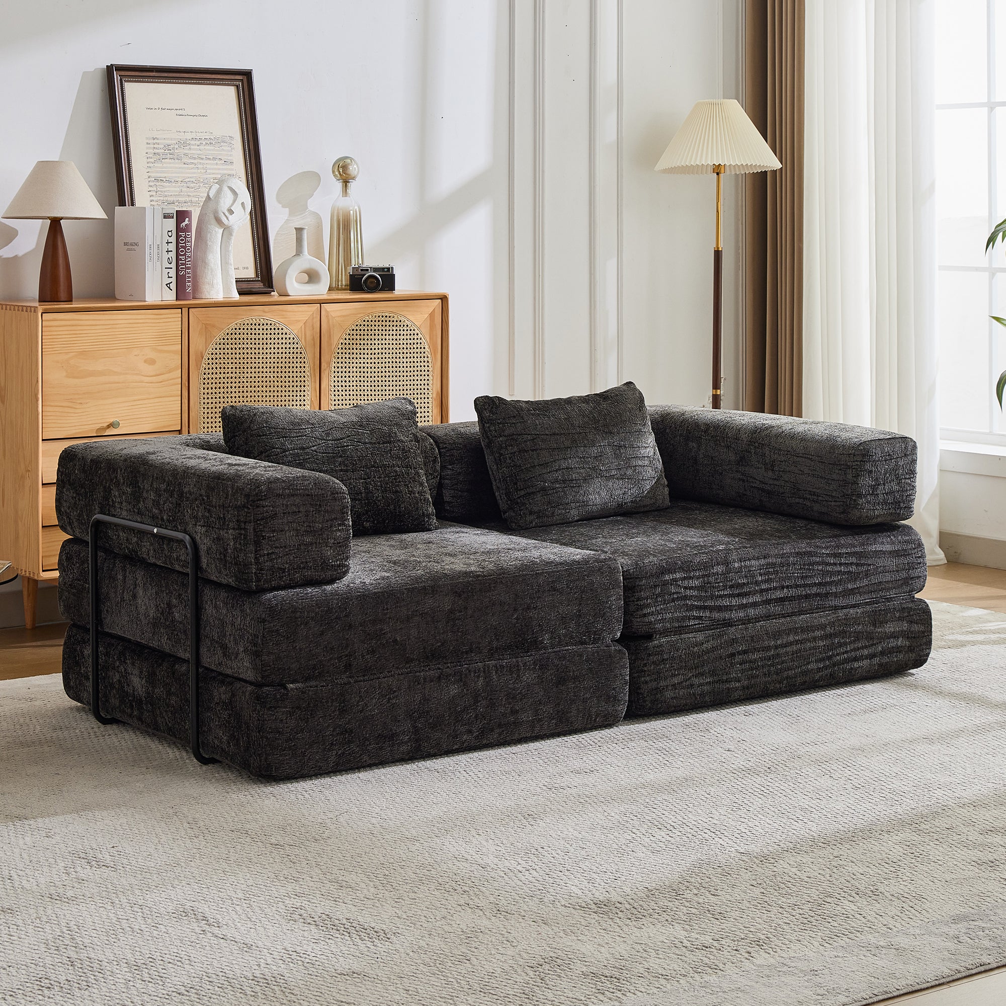 Sofá de Compresión, Sofá Cama Convertible para el Suelo con Marco de Forma Fija, Sofá Seccional Modular sin Huesos para Dos Personas, Sin Ensamblaje Requerido, Tela de Chenille, para Sala de Estar y Dormitorio, Negro