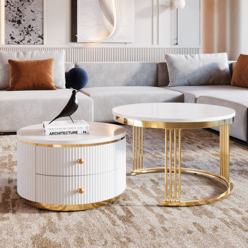 Mesa de centro circular blanca moderna de 2 piezas anidadas con cajones, 27,6 pulgadas