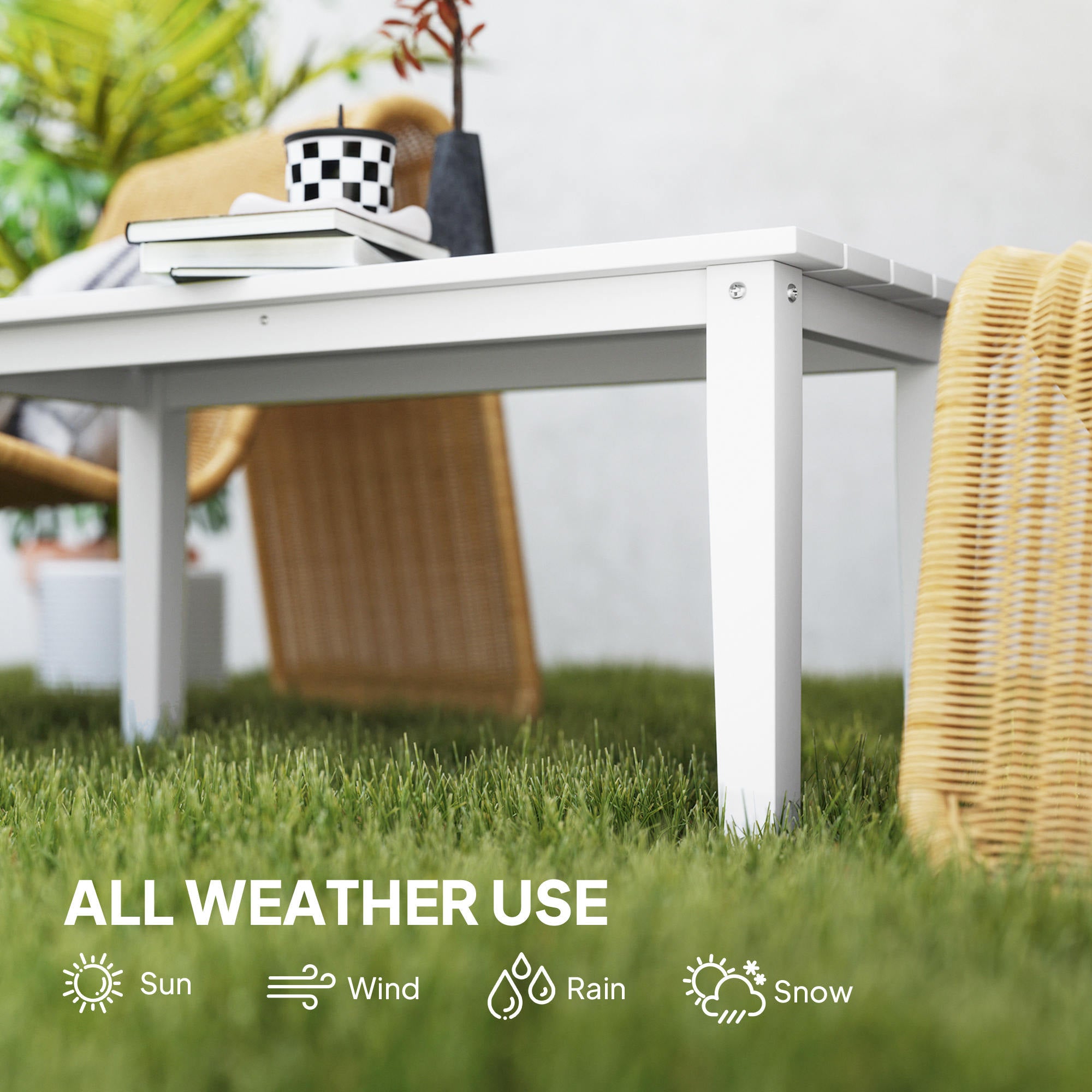 Mesa de Café Exterior Rectangular, Mesa de Patio Exterior para Todo Clima en HDPE con Superficie de Mesa con Listones para Jardín, Balcón, Blanca