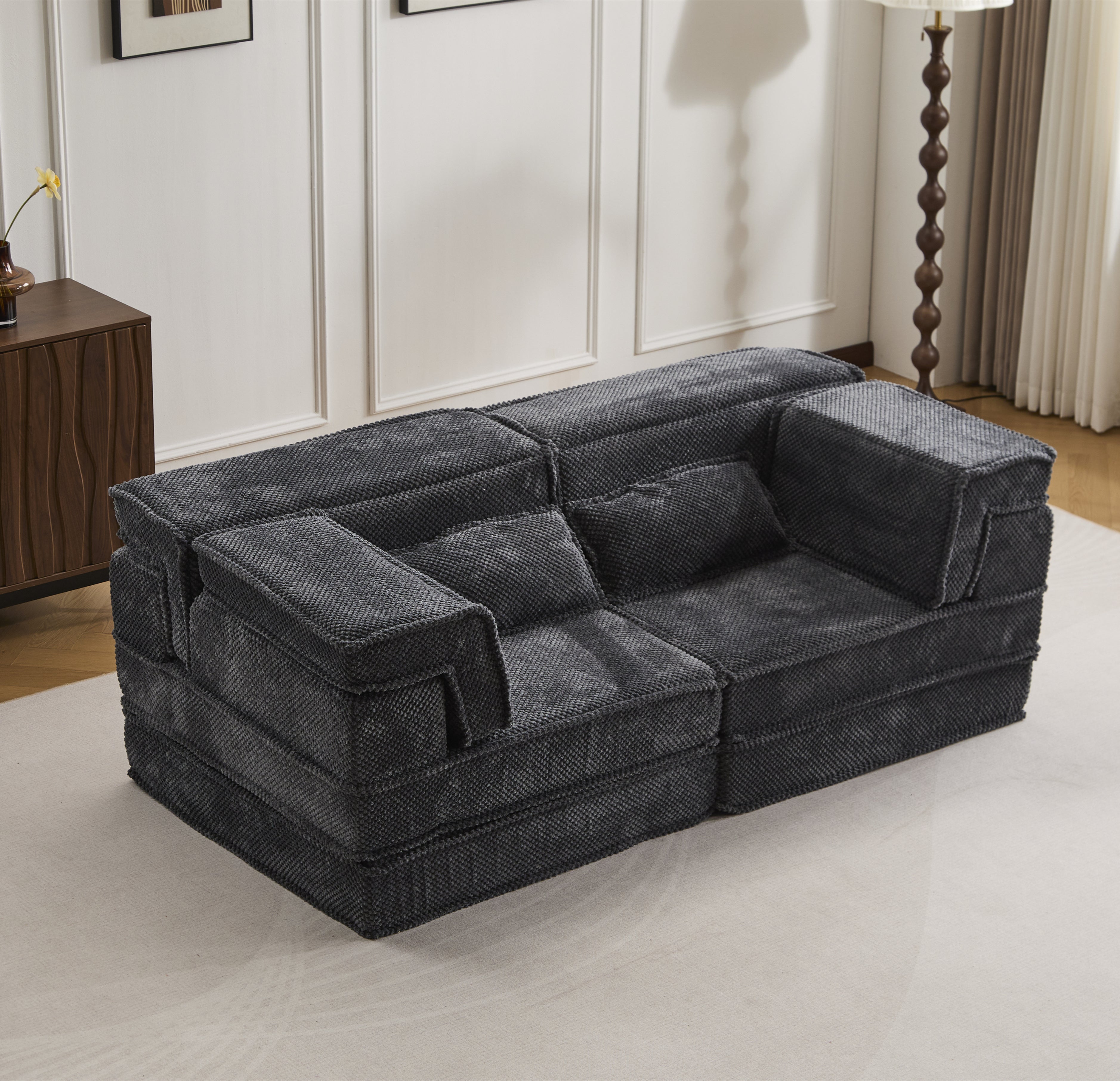 Sofá Mahjong de Compresión, Sofá Cama Convertible para el Suelo, Sofá Seccional Modular sin Huesos DIY, Sin Ensamblaje Requerido, Tejido de Lana de Círculo, Loveseat Sobredimensionado Moderno, Gris Oscuro