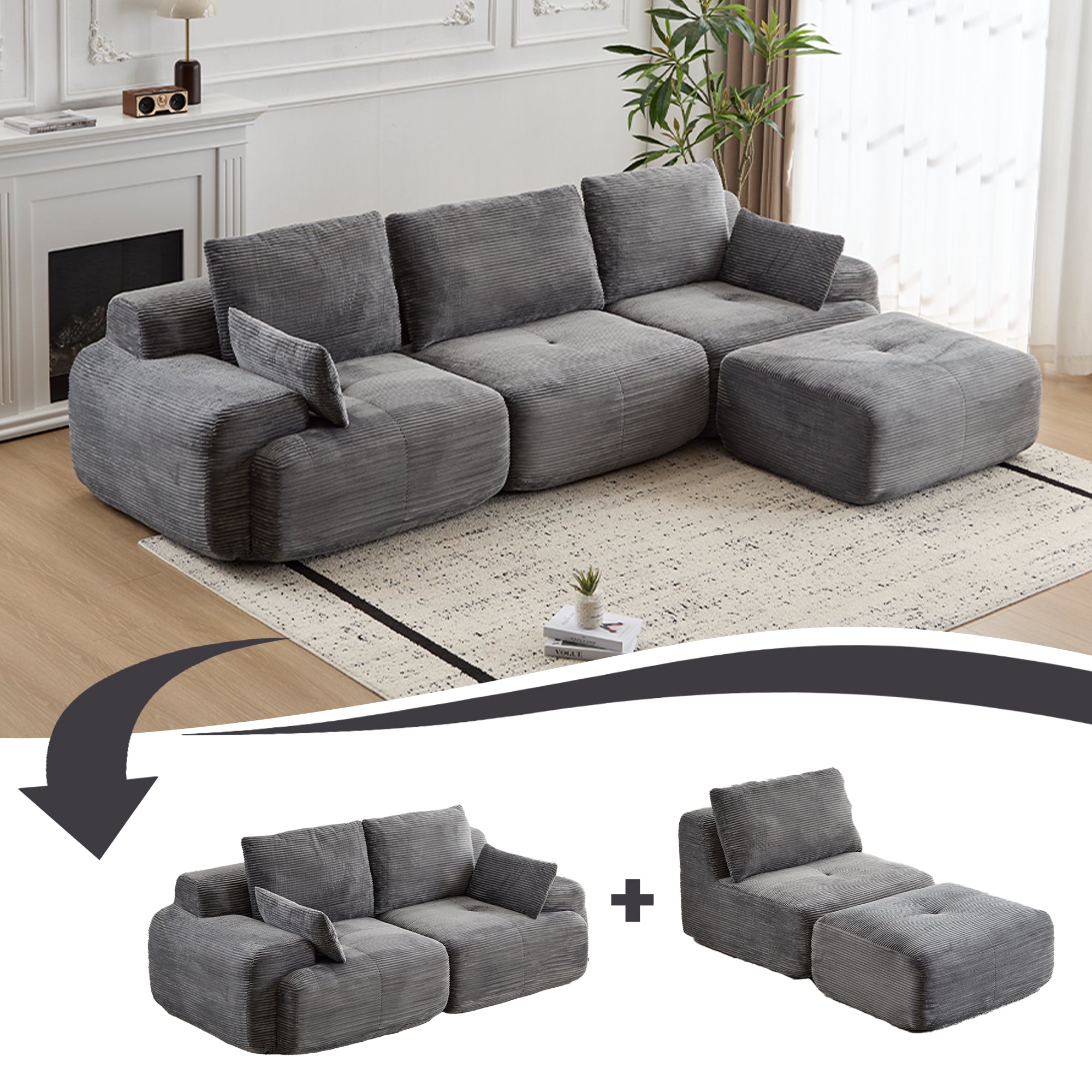 Grey Corduroy Sectional Sofa No-Assembly Cushions