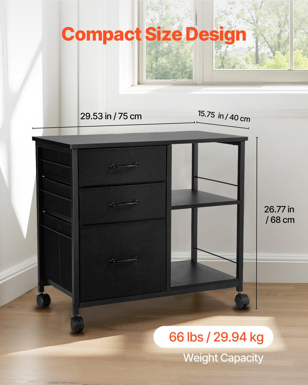 Mobiles Metallbüro-Sideboard mit 3 Stoffschubladen und 2 offenen Regalböden, schwarz