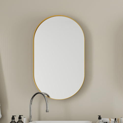 Armario de Medicina Oval Empotrado de 20x34 Pulgadas, Armario de Pared para Baño con Marco de Metal, Espejo y Estantes Ajustables, Espejo de Pared con Almacenamiento para Baño, Oro Mate
