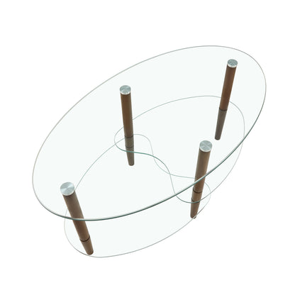 Transparent Oval Glass Coffee Table Modern Table Wood Leg Tea Table 3-layer