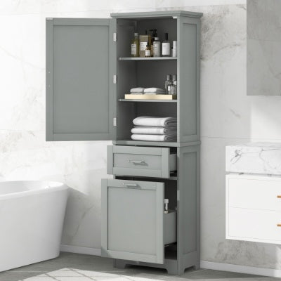 Alto Gabinete de Almacenamiento para Baño, Gabinete de Almacenamiento Independiente con Dos Cajones de Tamaños Diferentes y Estante Ajustable, Tablero de MDF con Acabado Pintado, Gris