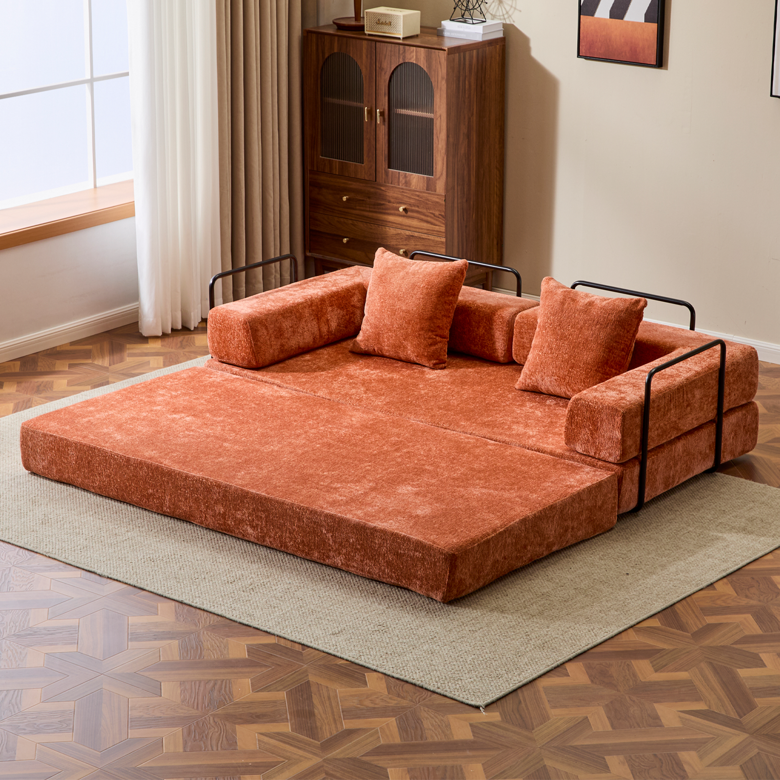 Sofá de Suelo, Sofá de Compresión, Sofá Cama Convertible de Suelo - con Soporte para la Espalda de Almohada y Reposabrazos, Sofá Futón Cómodo para Reposar Cama para Dormir, Tejido de Chenilla, para Sala de Estar y Dormitorio Naranja