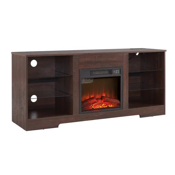 TV Stand Electric Fireplace Glass Shelves, 3D Fireplace TV Stand With LED Lights Wood With USB Charging Outlet Modern Television Table Center For TV Up To 62" ESP, 58''W*15.5''D*24.4