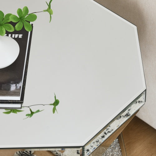 Trommelstil Couchtisch mit Spiegelkristall-Einlage, Polygonal Silber Dekortisch, Modernes Design Luxus Moderne Möbel, 20 Zoll Etwa 50 Zentimeter Niedriger Couchtisch, Geeignet für Wohnzimmer