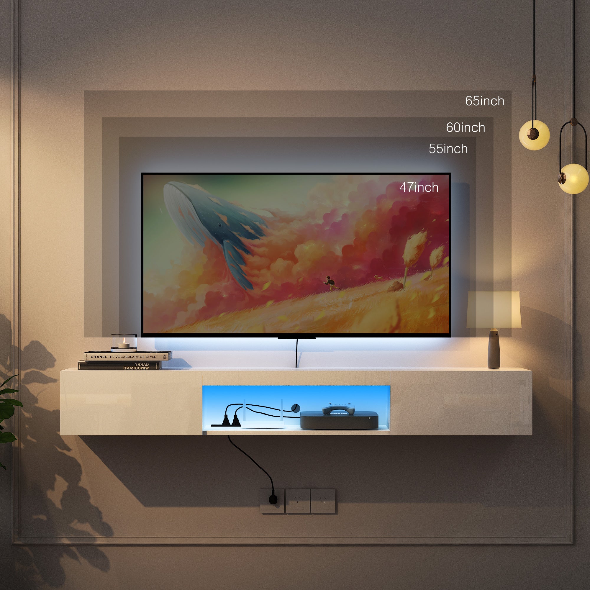 Soporte de TV Flotante Montado en la Pared con 16 Colores de LEDs, Soporte de TV Moderno, Gabinete de TV Flotante Centro de Entretenimiento para TV de 55 60 65 Pulgadas, Blanco