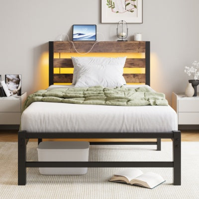 Estructura de Cama Tamaño Individual Marco de Cama Plataforma de Uso Intensivo con Cabecero, Estación de Carga USB, Cama con Luces LED, No Se Requiere Resorte de Caja, Base para Colchón, Listones de Acero Resistentes, Sin Ruido, Marrón