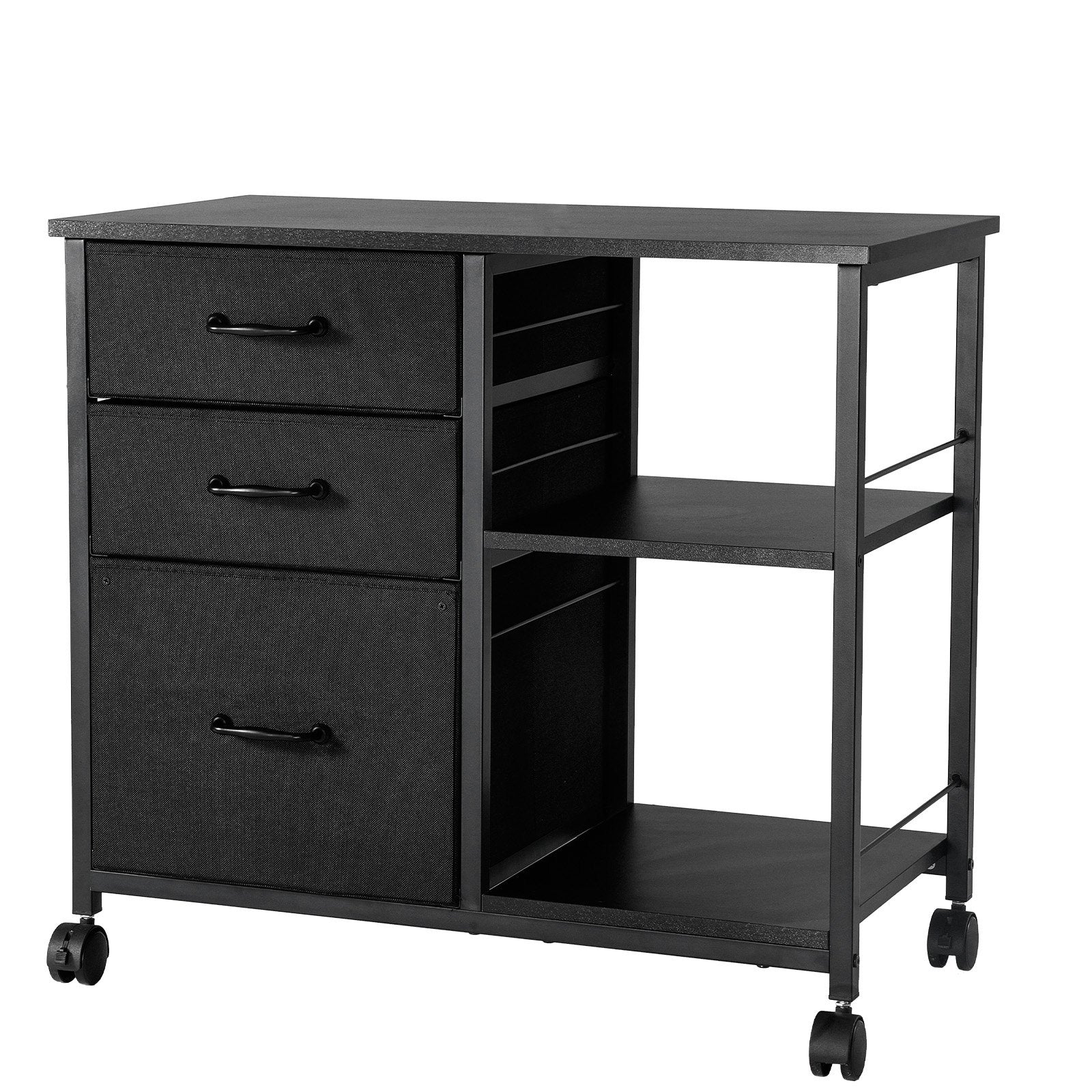 Mobiles Metallbüro-Sideboard mit 3 Stoffschubladen und 2 offenen Regalböden, schwarz