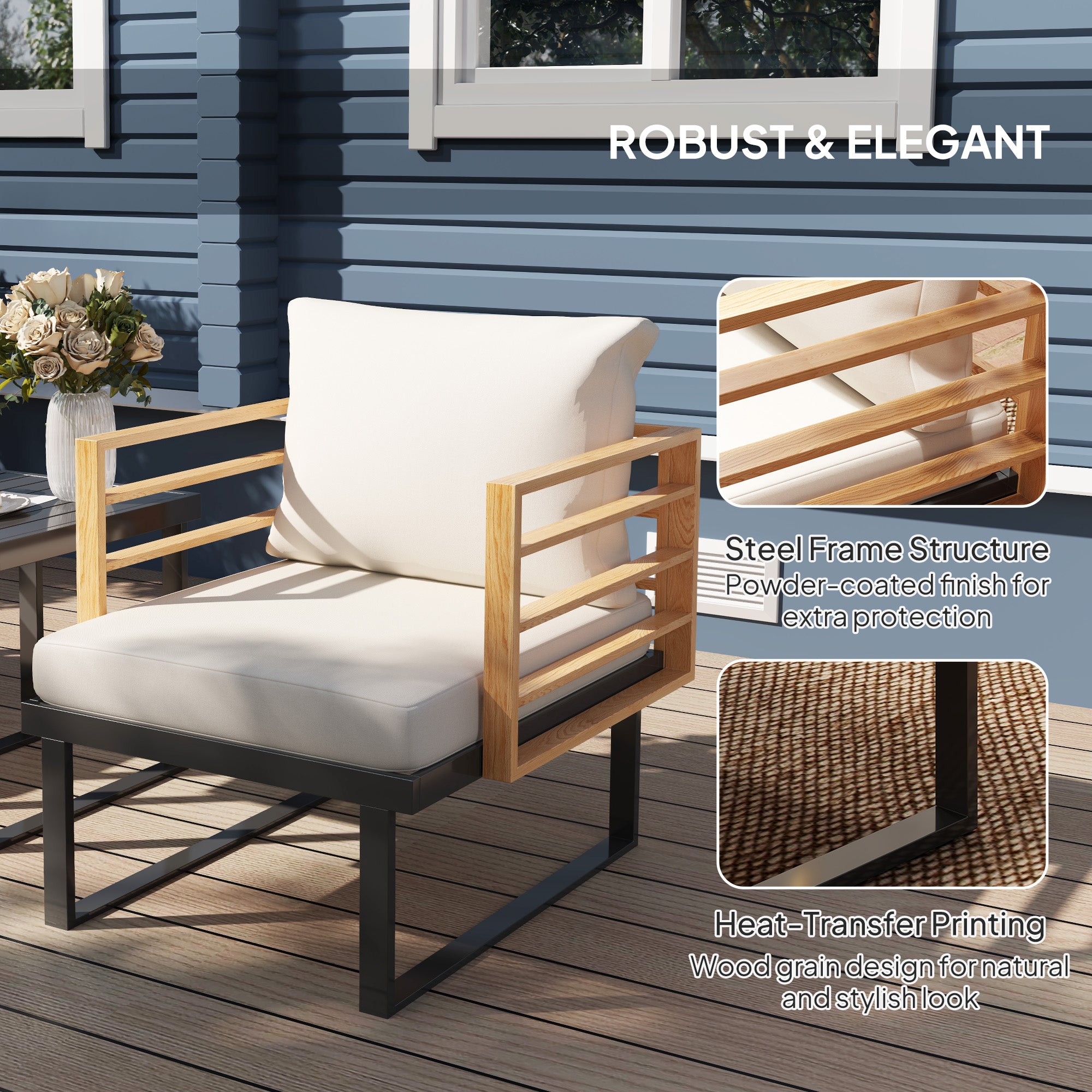 Juego de Bistro de 3 Piezas en Metal, Conjunto de Muebles para Patio Pequeño con Cojines, Sillones, Mesa con Rejilla para Jardín o Balcón, Beige