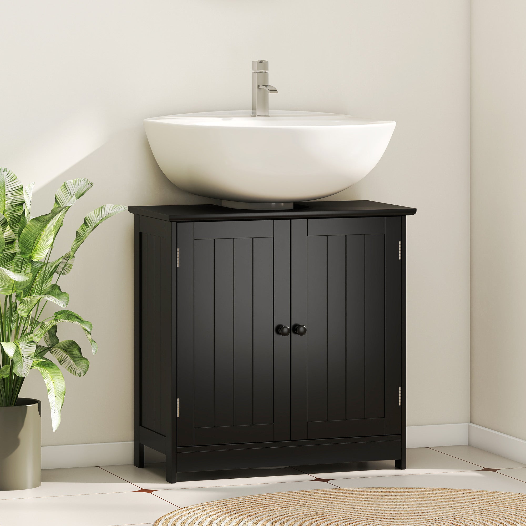 Armario de Baño Bajo el Lavabo, Armario de Almacenaje para Lavabo de Columna con 2 Puertas, Estante y Forma en U, Negro