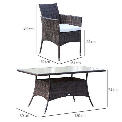 Conjunto de Comedor de Mimbre Outsunny para 6 Personas con Cojines, Conjunto de Muebles de Jardín de Mimbre con 6 Sillones con Brazos, Mesa Rectangular con Tapa de Vidrio, Mesa y Sillas de Comedor al Aire Libre, Marrón